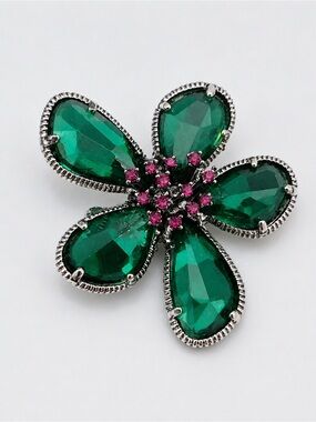 Emerald Green Glass Flower Brooch Pin Pink Crystal Center Silver Tone